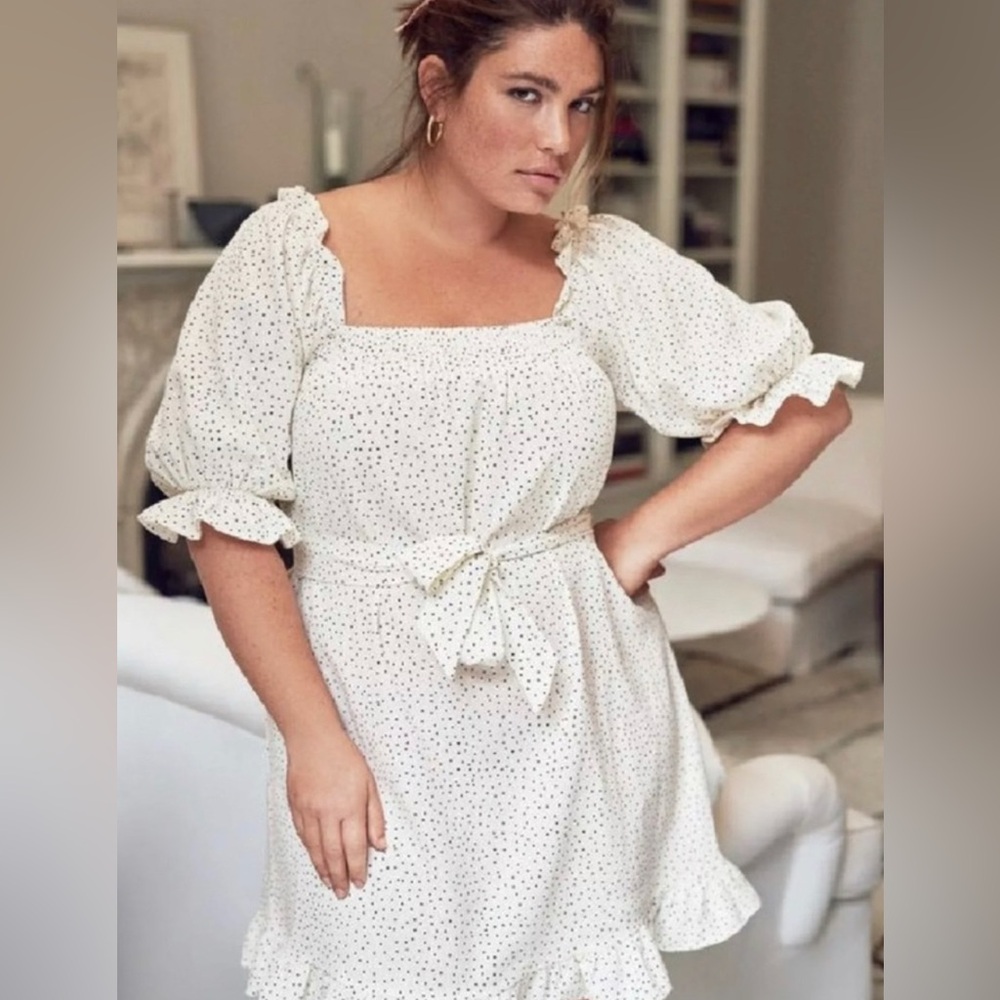 NWT ELOQUII WHITE POLKA DOT SMOCK LINEN Peasant puff sleeve dress plus 22-24